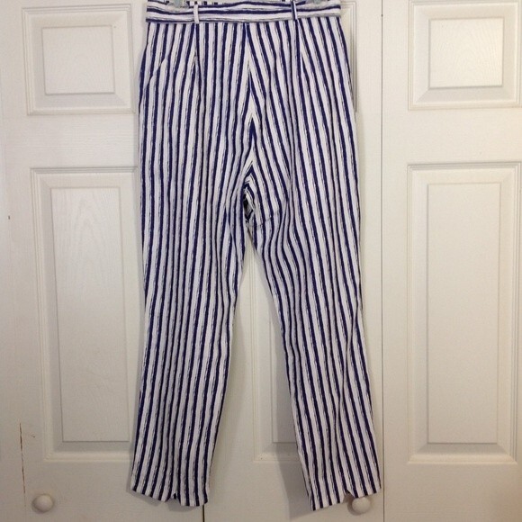 LE LIS COLLECTION Size Small Blue White Striped Linen Belted Pants Cut Out Hem - Picture 4 of 10